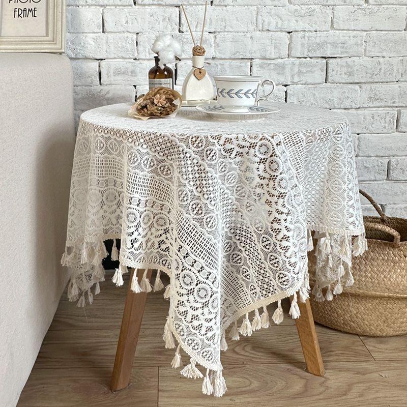 

French Cream Retro Lace Tablecloth Ins Style Crochet Cut Out Fabric Tea Table Balcony Dining Side Garden Table Cover Towel Retro beige 60*60