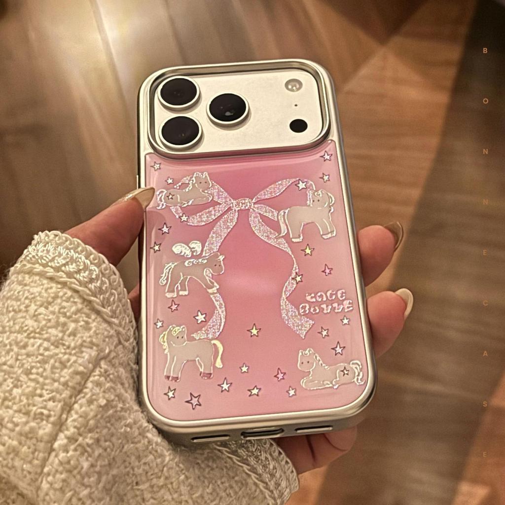 Gilded Pink Bow Electroplated Phone Case for iPhone 17 Pro Max, Apple 16 Compatible, Small Horse Design