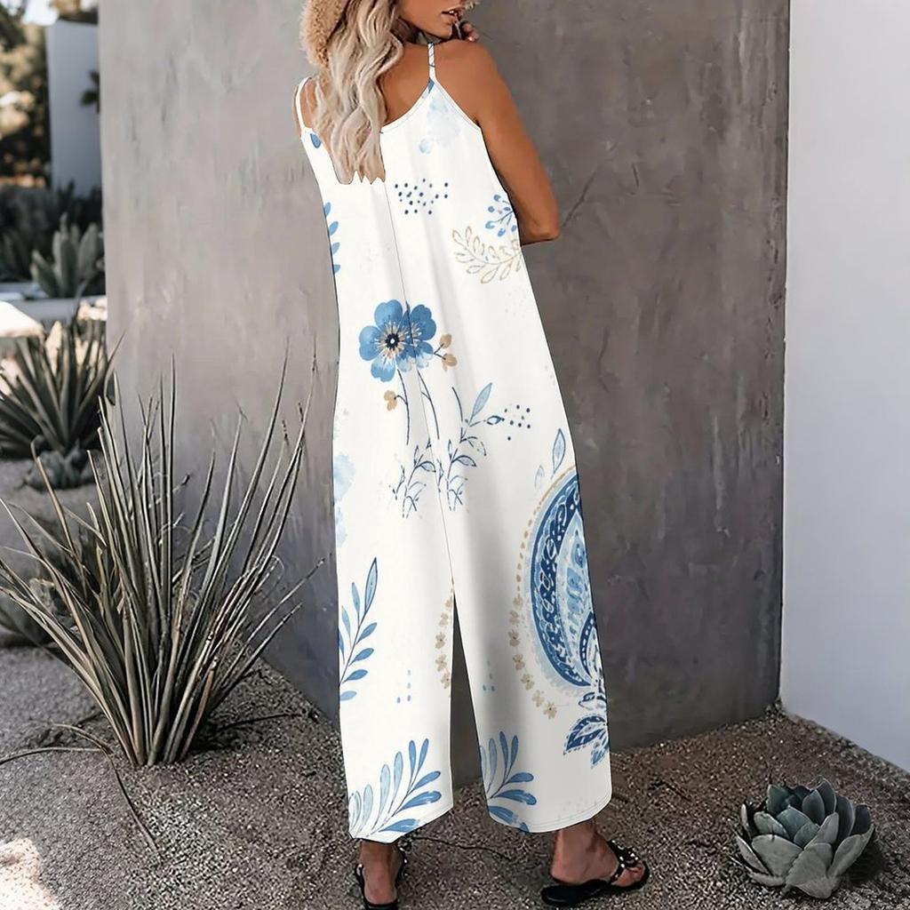 Women Plus Size Sleeveless Scoop Neck Gathered Front Floral Printed Wide Leg Jumpsuit With Pockets