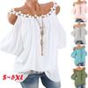 Damen Freizeit Off-Shoulder Spitze Kragen Bluse Locker Einfarbig T-Shirt Übergröße