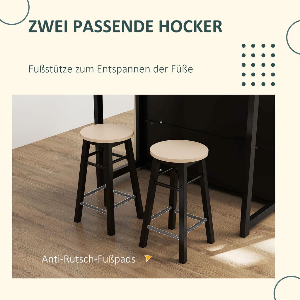Set da Bar a 3 Pezzi, Tavolo da Bar con Piano Pieghevole, 2 Sgabelli da Bar, 6 Scomparti portaoggetti, Nero+Quercia, 116 x 70 x 89,5 cm