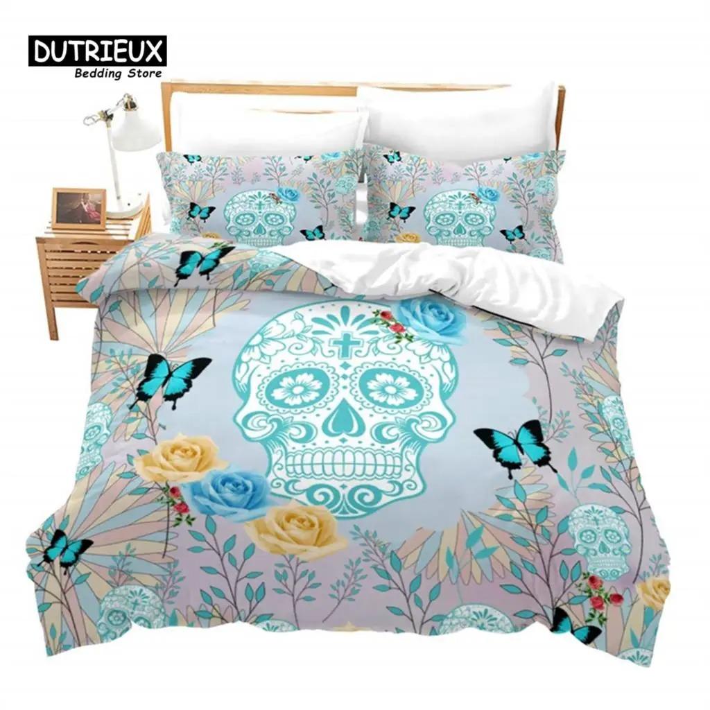 Dark Skull Duvet Cover Microfiber Gothic Skeleton Bedding Set Horror Theme Comforter Cover Queen For Teen Adults Bedroom Decor