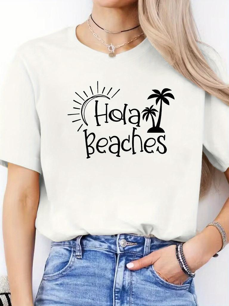 Spanish Letter Print Spring Summer Casual Round Neck Short Sleeve Sports T-Shirt Women's Top
