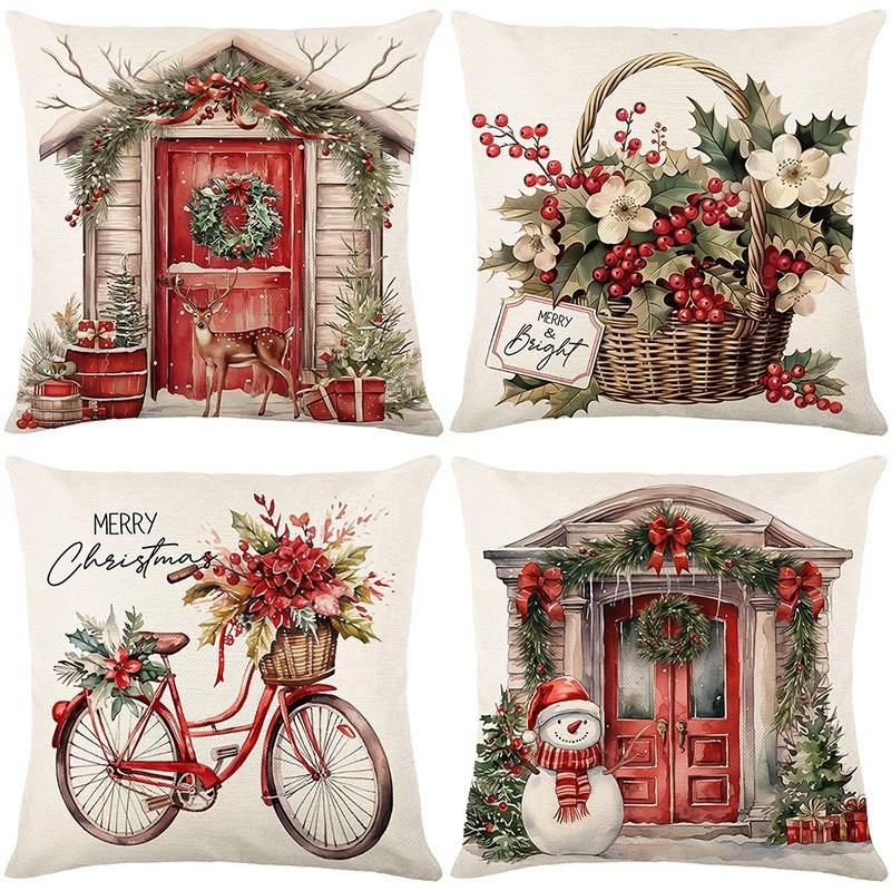 Christmas Theme Short Plush Pillow Cover Set Holiday Print Cushion Case for Living Room Sofa Home Decor 45x45cm