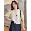 Women's Yellow Half-Sleeve Blouse With White Lace Panel And Frog Button Decoration