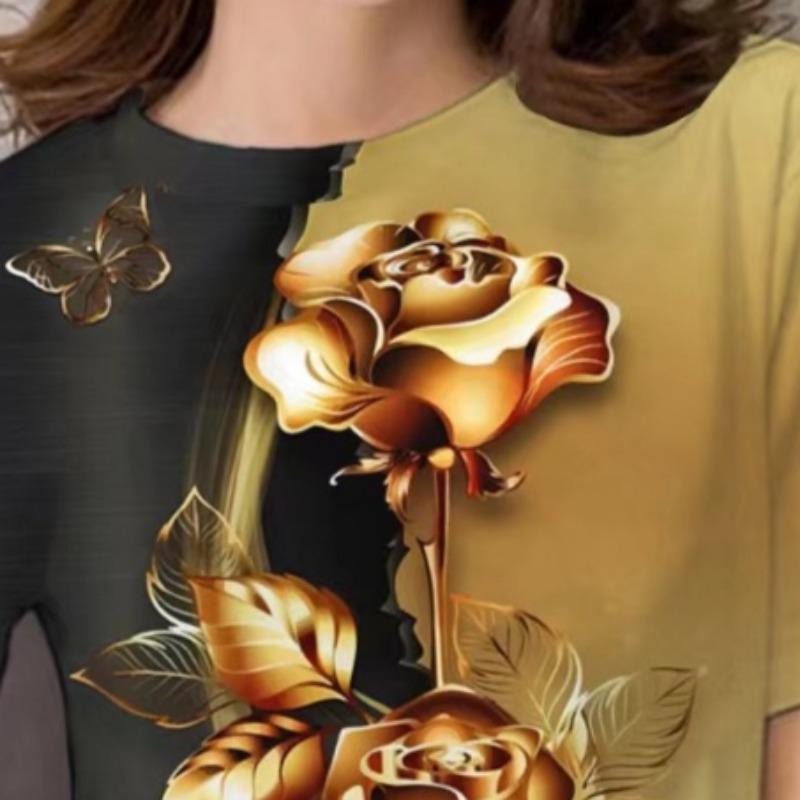 Luxury Women's T Shirt Floral Print Harajuku Clothes O Neck Casual Short Sleeve Tees Daily Y2k Blouse Oversized Tops