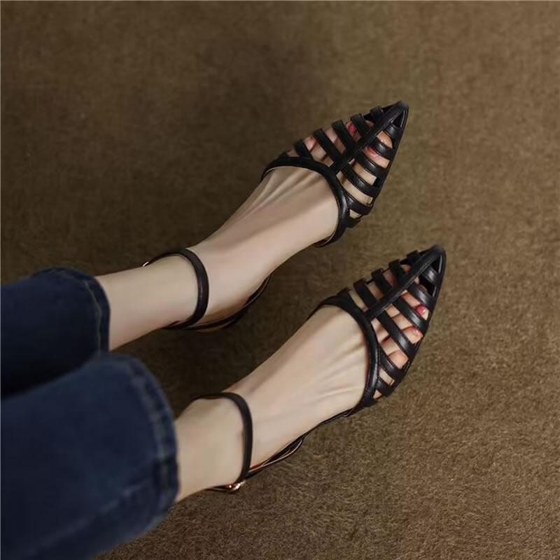 Premium Fashion Women Sandals 2025 Summer French Retro Thick Heels Pointed Elegant Woman Shoes with Low Heels Luxury Sandals