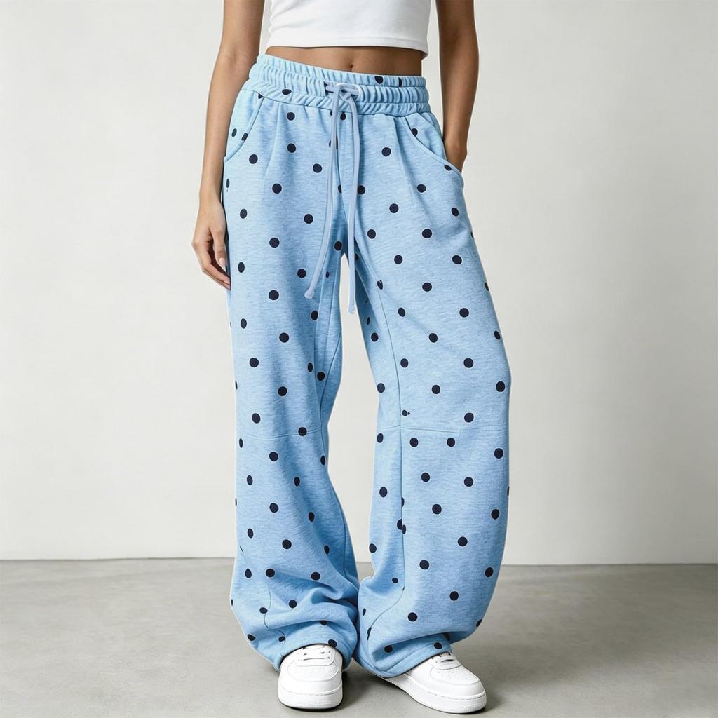 Women's Retro Polka Dot Wide Leg Pants with Elastic Waist, Flowy Casual Trousers for Everyday Wear