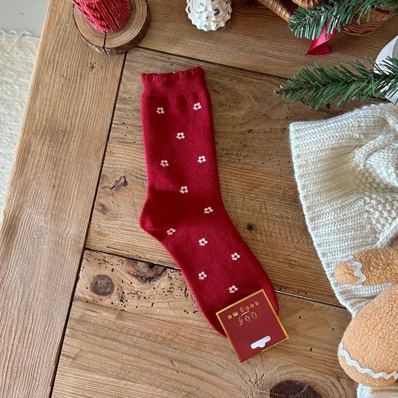 Cashmere Socks, Women's Big Red Socks, New Year Socks, Bow Polka Dot Small Flower Red Pile Socks