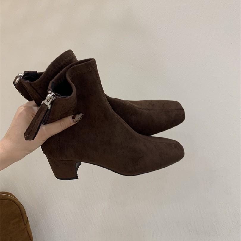 Brown short boots women's high heel thick heel rear zipper square head versatile 2025 new autumn and winter Korean version suede thin boots