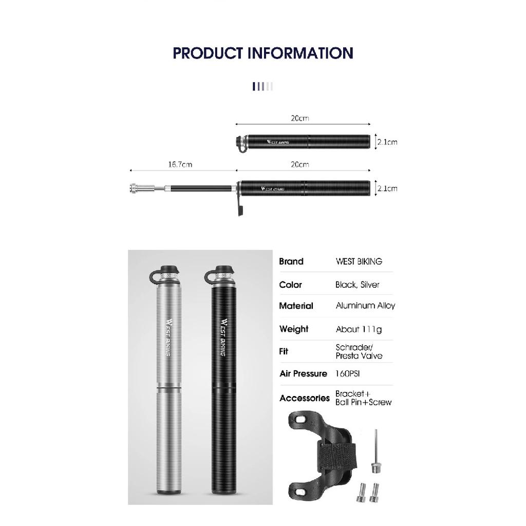 WEST BIKING Tragbare Fahrradpumpe Aluminiumlegierung Fahrrad Luftpumpe Reifenfüller Schrader/Presta Universal Rennrad Zubehör