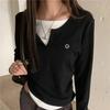 Long Sleeves Korean Fashion Style O-neck Tshirt for Women Fake Two Items T-shirts Ladies Top Tee Clothes