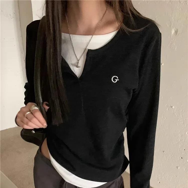 Long Sleeves Korean Fashion Style O-neck Tshirt for Women Fake Two Items T-shirts Ladies Top Tee Clothes