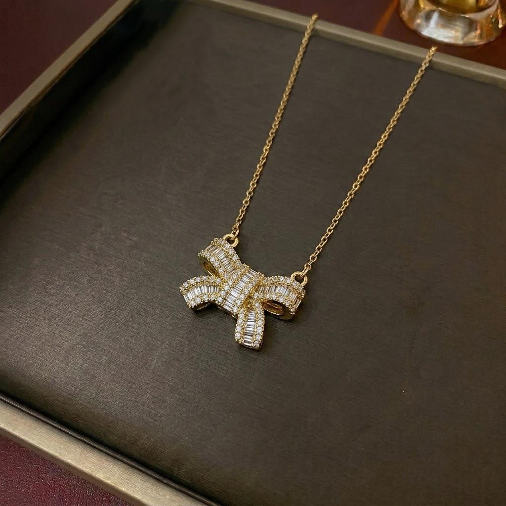 Elegant Women's Necklace: Colorful Diamond Bow Zirconia, European & American Style Clavicle Chain
