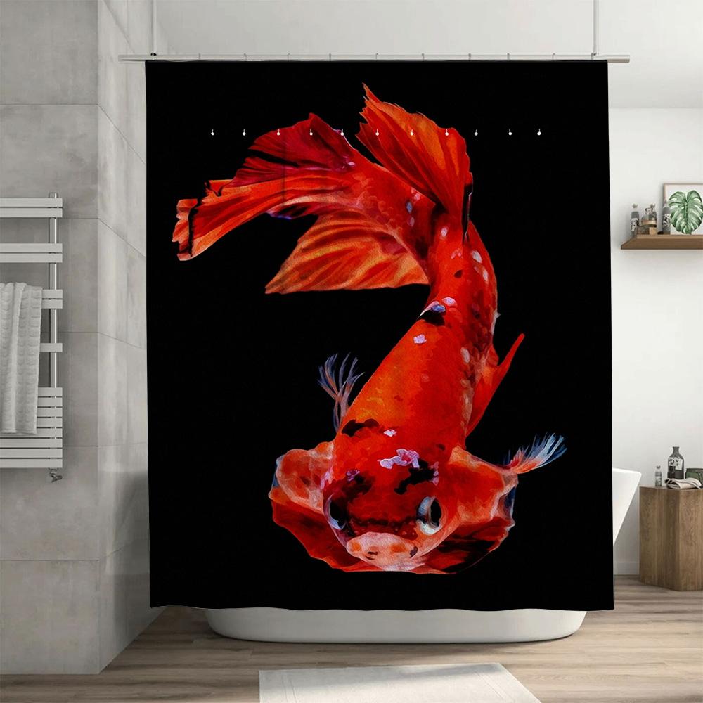 Goldfish Print Shower Curtain Waterproof Fabric Large Size Home Decor Bathroom Accessory for Pets Bathing Room Black Background