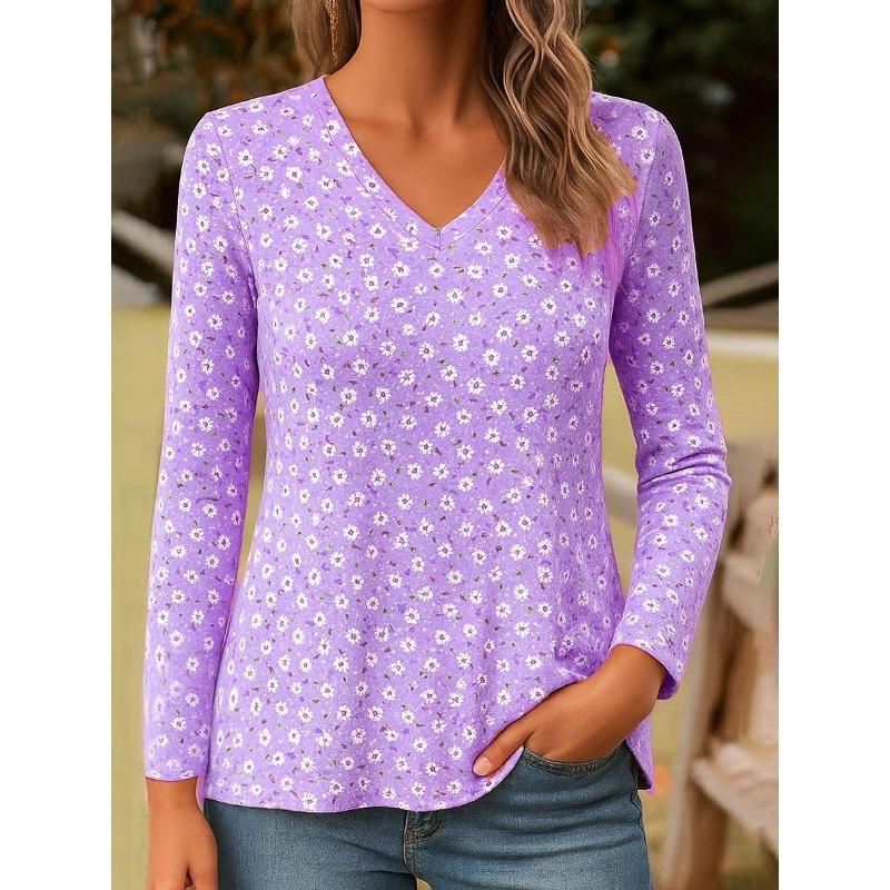 Spring and Autumn V-neck 3D Little Flower Printed Top Fashionable Casual Long Sleeved Women's T-shirts