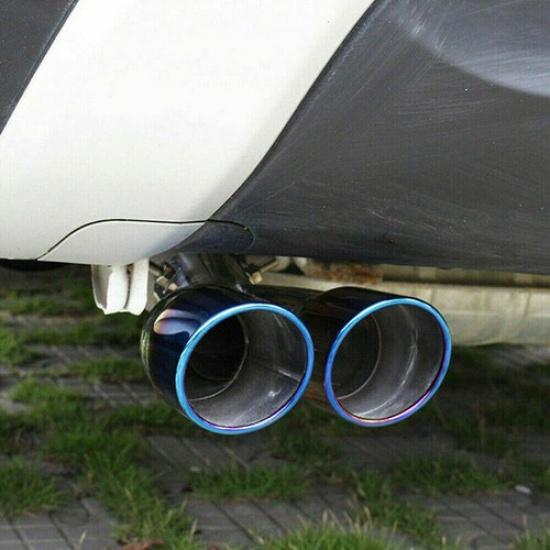 Inlet Dual Outlet Exhaust Tip Round Cut Burnt Blue Stainless Steel Bent 2.5"