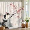 Black And White Shower Curtain With Kitten And Cherry Blossom Pattern, Machine Washable Polyester Fabric, Bathroom Decoration.