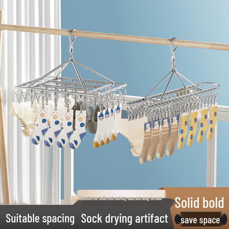 Stainless Steel Multi-Clip Windproof Sock Hanger for Dorm and Balcony Drying