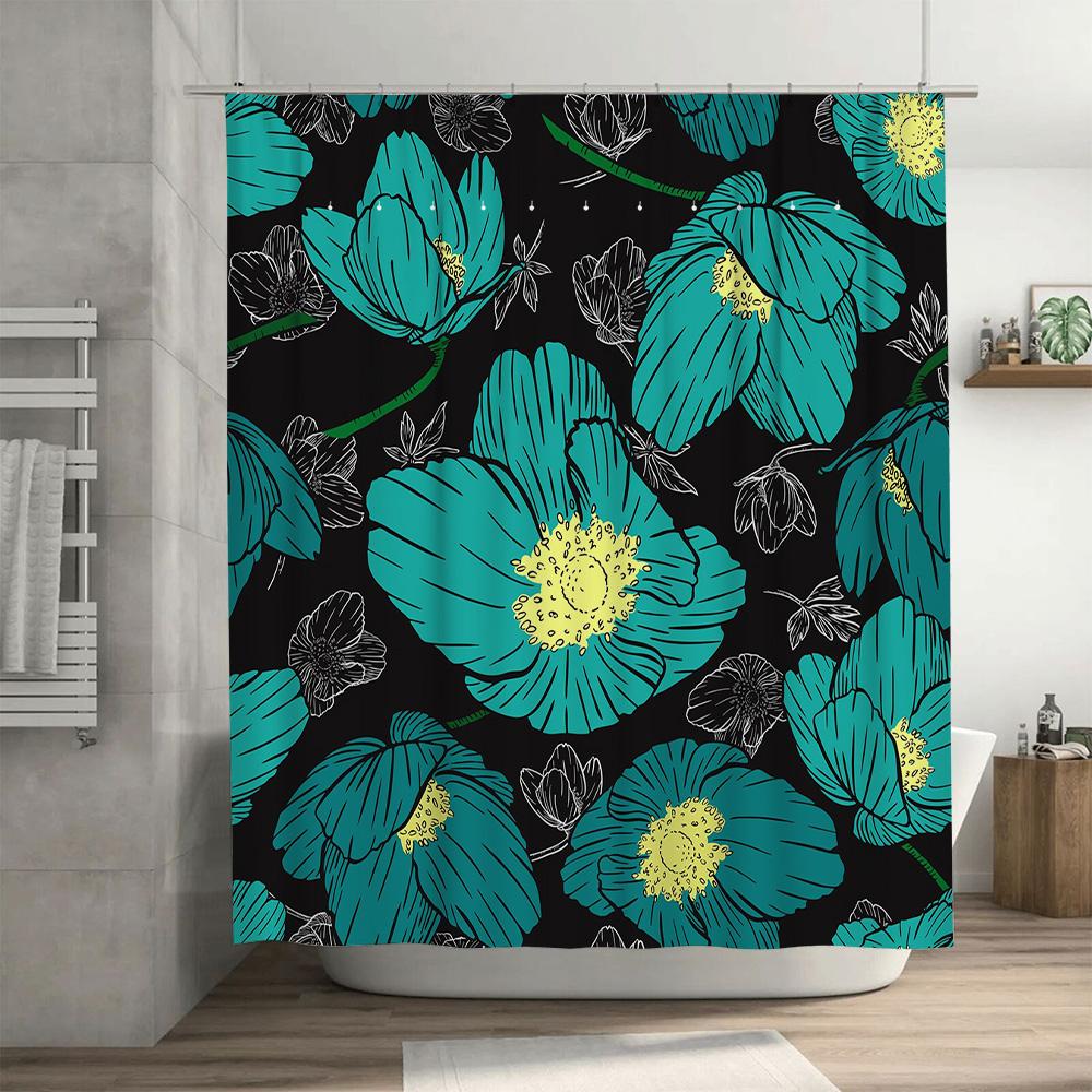 Stylish Blue Floral Shower Curtain for Bathroom Decor Waterproof Fabric with Hooks included in Set