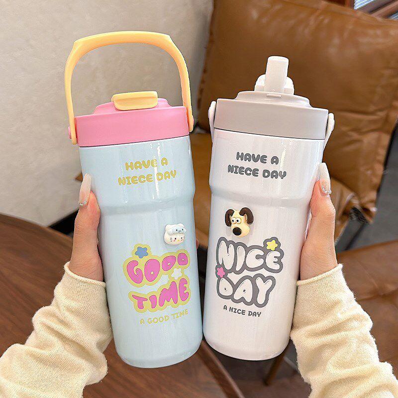 Large Capacity Thermos Cup for Women, New 2024 Model, Stylish Student Straw Cup, Dual-Use Coffee Cup, Portable