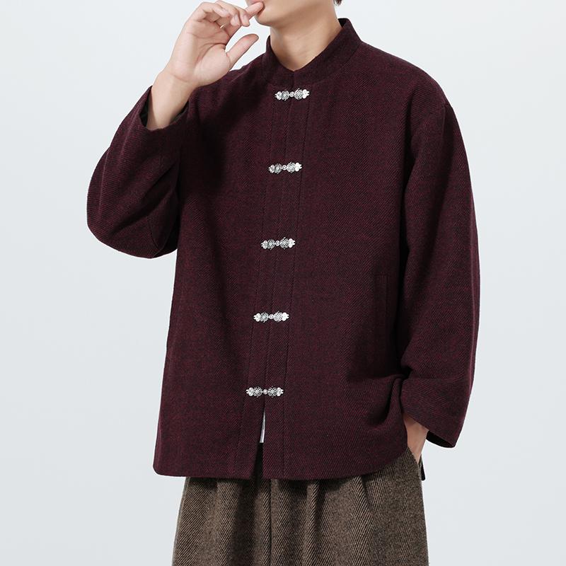 

Мужское пальто в китайском традиционном ретро-стиле 2025 года, мужской осенний однотонный костюм тан, куртка с воротником-стойкой и застежкой-пуговицей, восточные куртки для кунг-фу 3XL вино красного