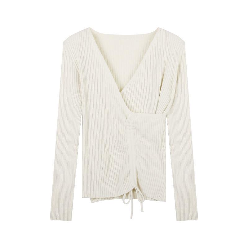 French Cross Slim Inside with Drawstring Knit Top Base for Women's Autumn/Winter Slimming V-neck Sweater Trend