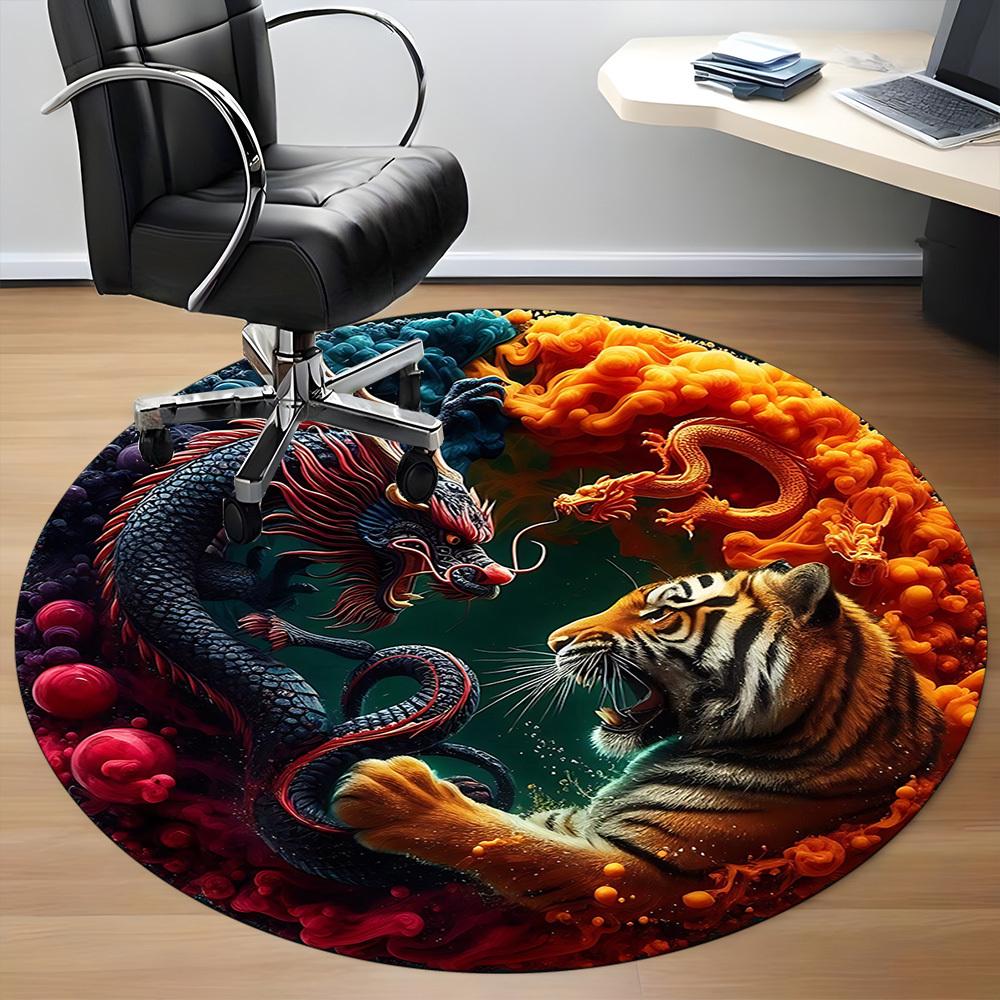 1pc Dragon Tiger Chair Carpet for Office, Round Non-Slip Durable Large Size Office Carpet, Suitable for Office, Beautiful Decoration