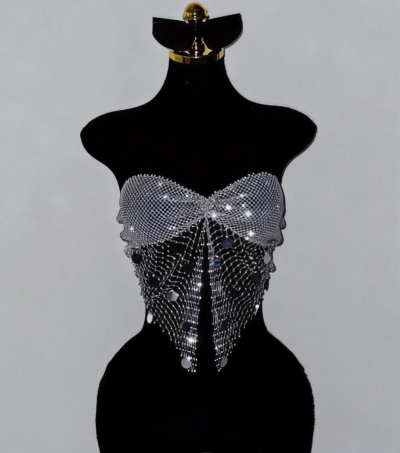 Sexy Mujer Geometric Sequin Mesh Crop Top For Nightclub And Music Festival
