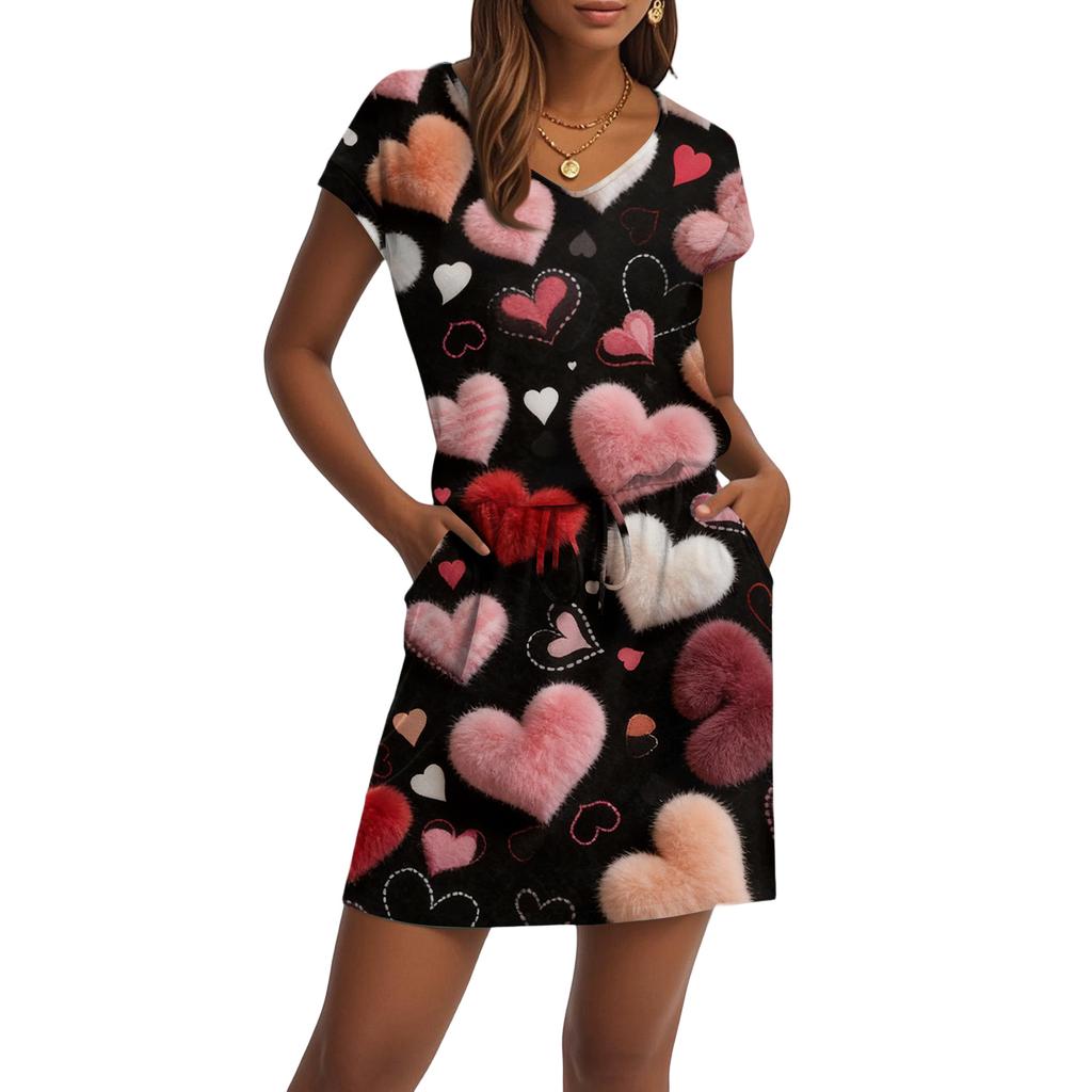 Women's V,Neck Short,Sleeve Drawstring Pocket Valentine's Day Print Casual Dress