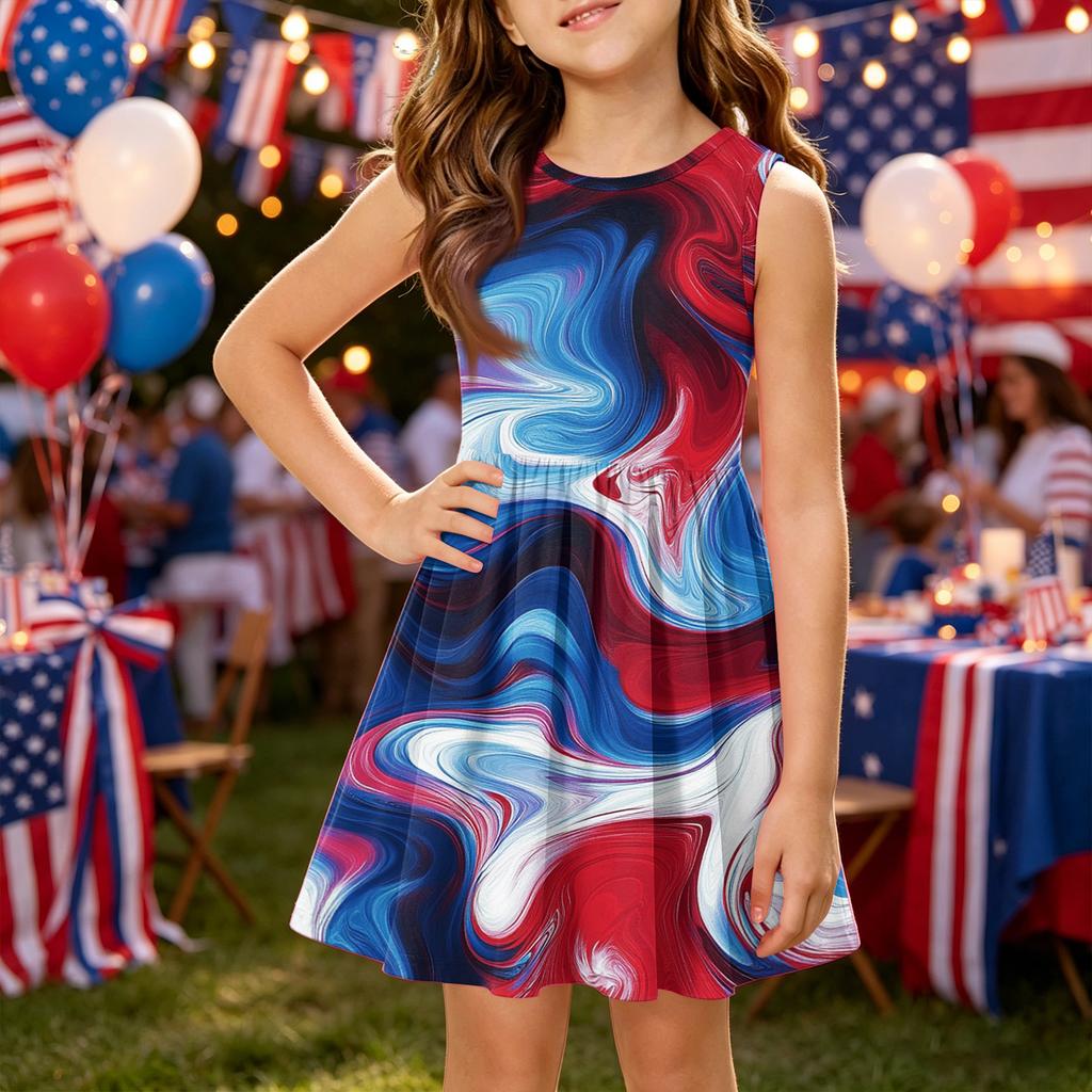 Girls' Summer Princess Dress - A-Line Vest Splice Dress Independence Day