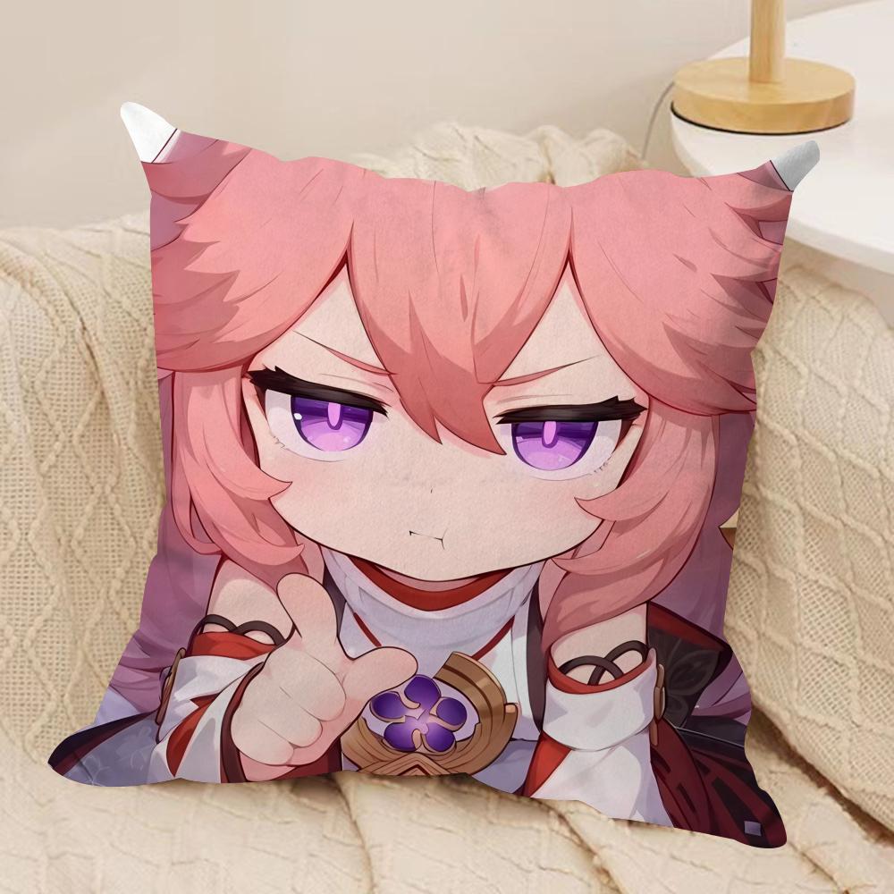 

Yae Miko cute Genshin Impact Cushion Cover Silky Short Plush Invisible Zipper Dustproof Sofa Pillow Case for Home Decor 30x30cm