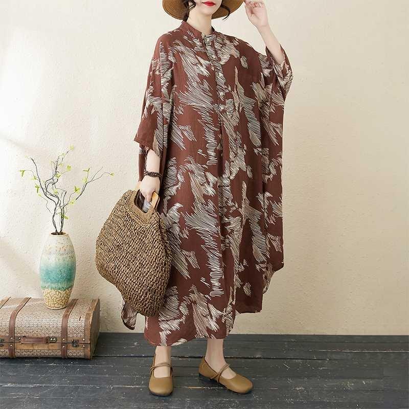 Temperament Literary Vintage Printed Stand Collar Loose Oversized Vacation Dresses