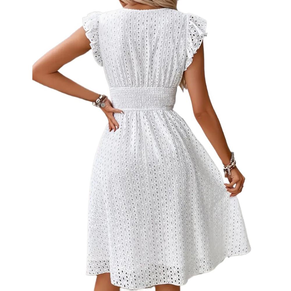Ladies Summer Solid V-neck Lotus Leaf Sleeves Elegant Dress