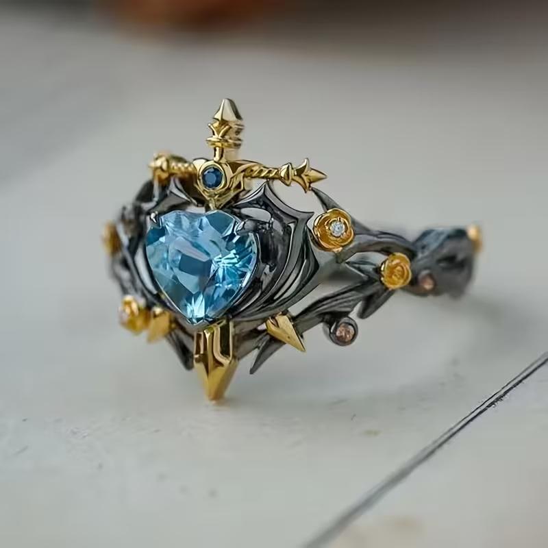 

Rose And Thorns Sword Ring, Vintage Style, Sophisticated Blue-Toned Jewelry, Adjustable Opening, Elegant Ring. A