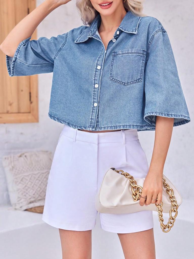 Womens Cropped Denim Shirt Jacket Half Sleeve Button Down Jean Jacket