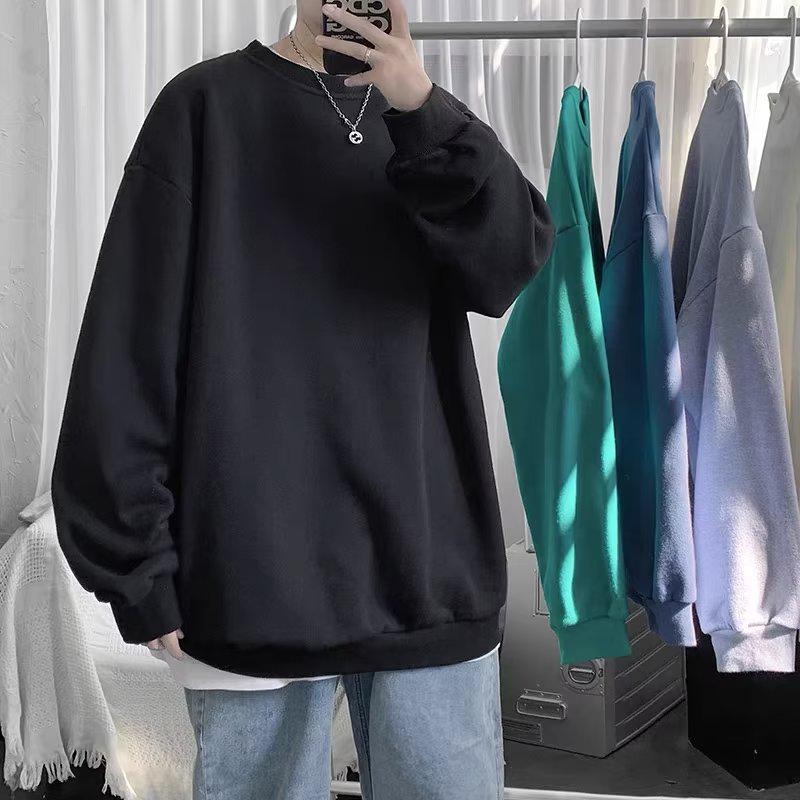 2024 Men’s Hong Kong-Style Solid Color Sweatshirt – Spring/Autumn, Loose Fit, Large Size, Round Neck, Trendy Korean Couple's Top