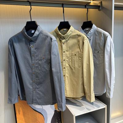 Men's Vintage Workwear Style Long-Sleeve Shirt with Turn-Down Collar, Pure Cotton, Loose Fit, Casual Japanese Style, Export Cut Label