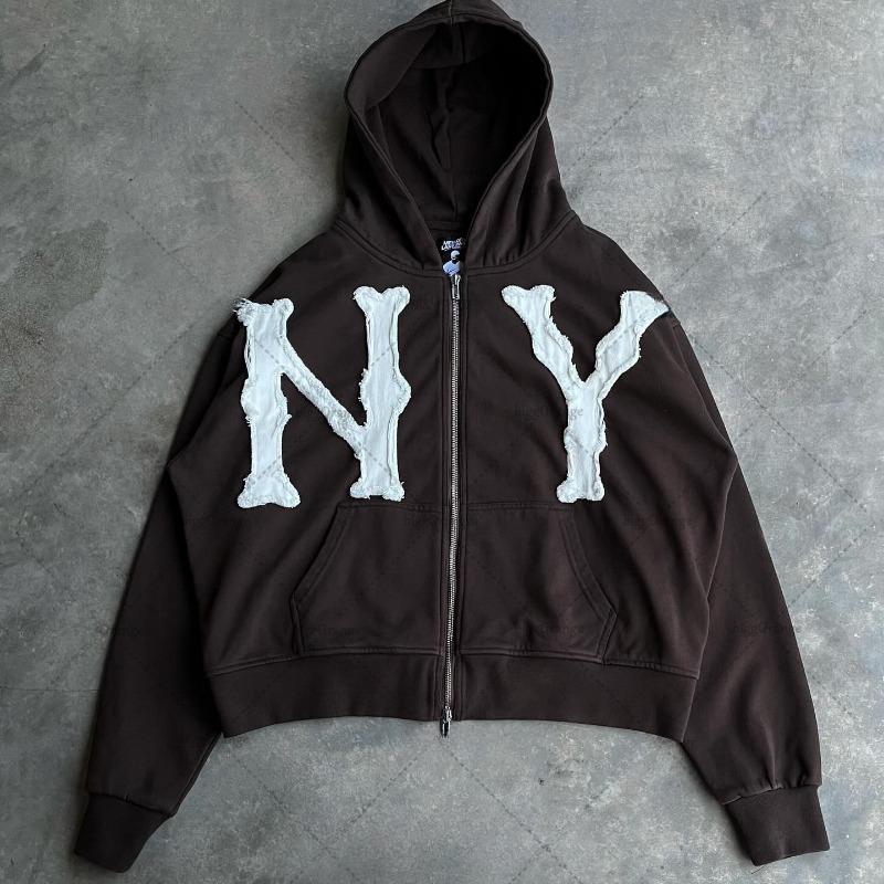 

Европейская и американская модная брендовая куртка с вышитыми буквами, свободная толстовка с капюшоном для мужчин Y2k Harajuku Retro на молнии M коричневый