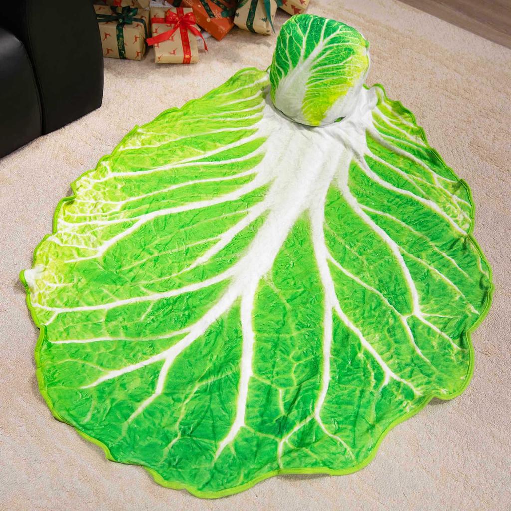 Cartoon Cabbage Watermelon Duck Egg 2-in-1 Flannel Hug Pillow & Nap Blanket