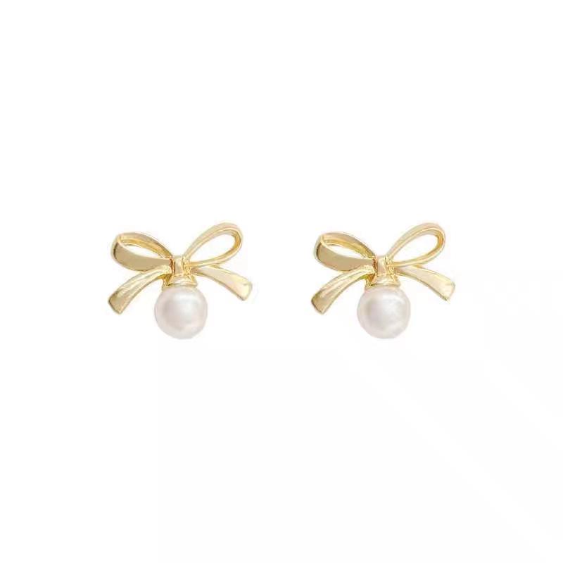 925 Silver Bow Pearl Stud Earrings - Trendy Internet Celebrity Style