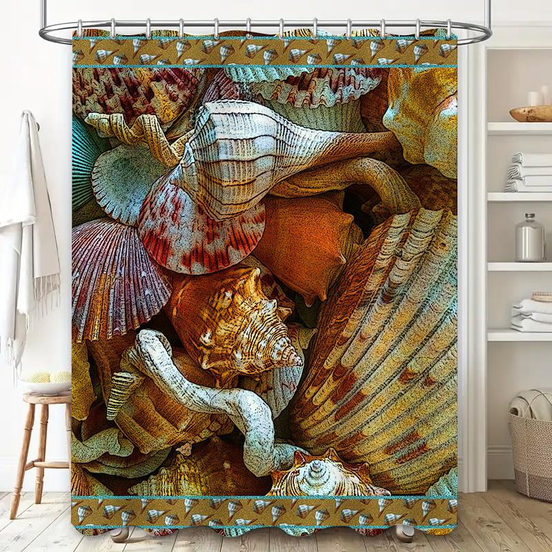 Sea Shell Shower Curtain Waterproof Fabric Home Decor Item For Bathroom Walls Blue White Orange Red Yellow Purple Colors Availab