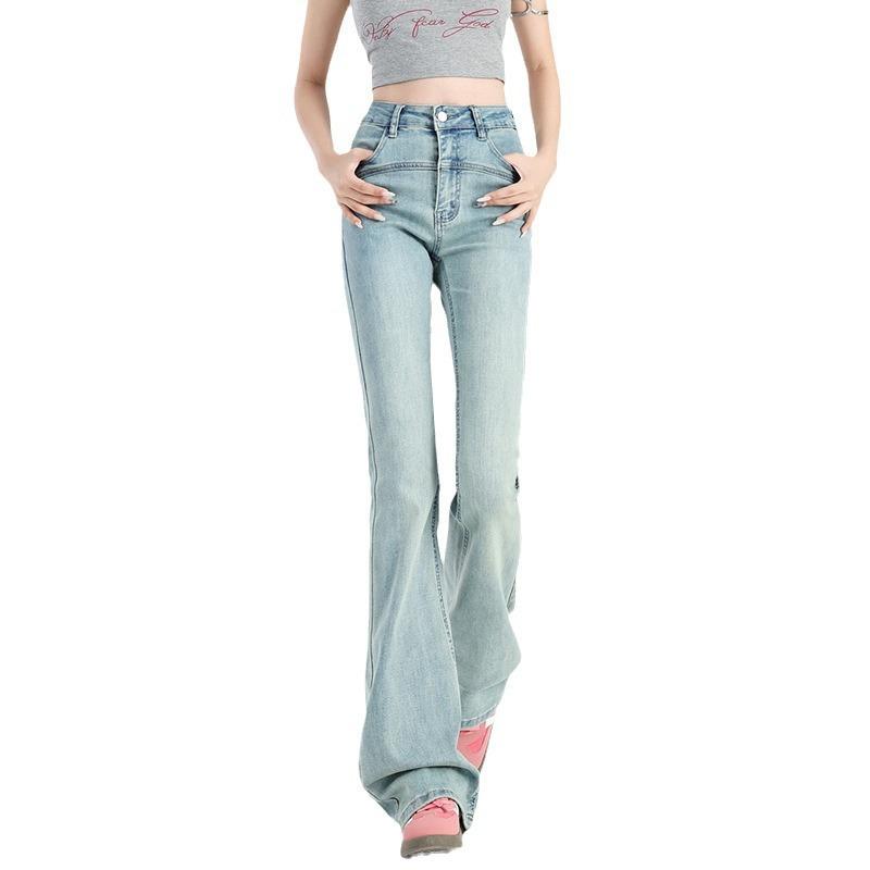 High Waist and Thin Elastic Flared Pants for Women's Autumn, Light Blue, Slightly Pulled Jeans for Women's Autumn.