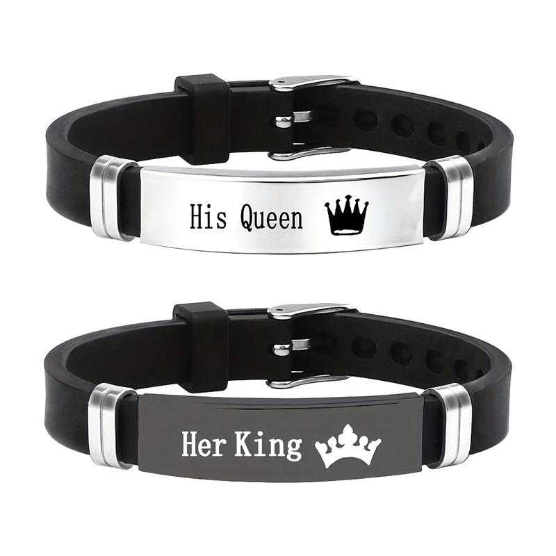 

Stainless Steel Men And Women Fashionable King Queen Bracelet Adjustable Length Silicone Bracelet Jewelry 2pcs різнокольоровий