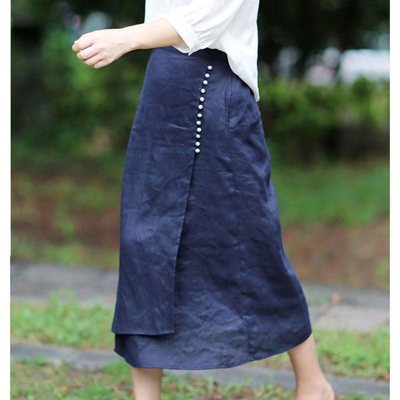 Literary Cotton Linen Split Skirt Women Single Breasted Midi A-Line Skirts Vintage Asymmetric Skirts Slimming