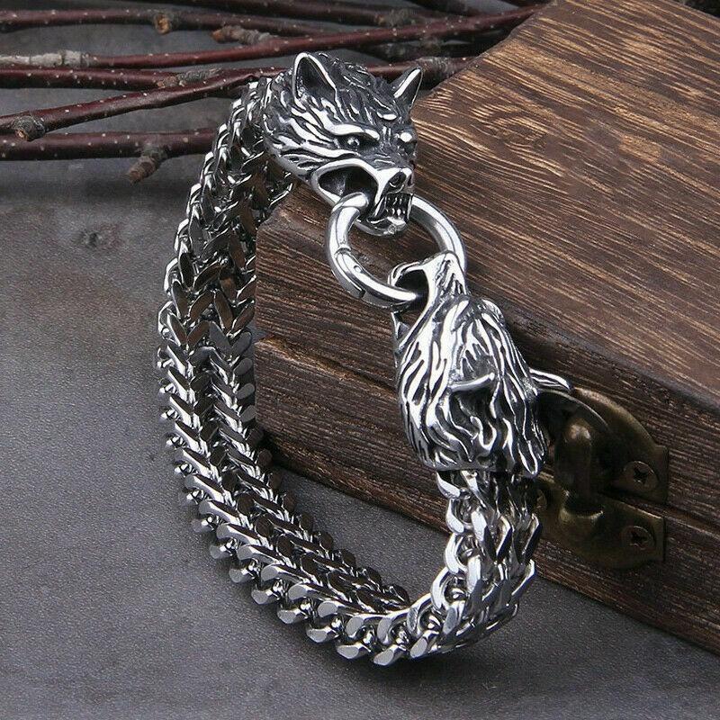 Stainless Steel Retro and Individual Viking Wolf Head Bracelet - Wolf Head Personality Trendy Accessories for Men