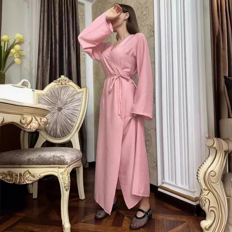 LYRIA Fashionable Pure Color Belted Slimming Long Dress New Women's Clothing One Piece Dress Stylish Wraparound
