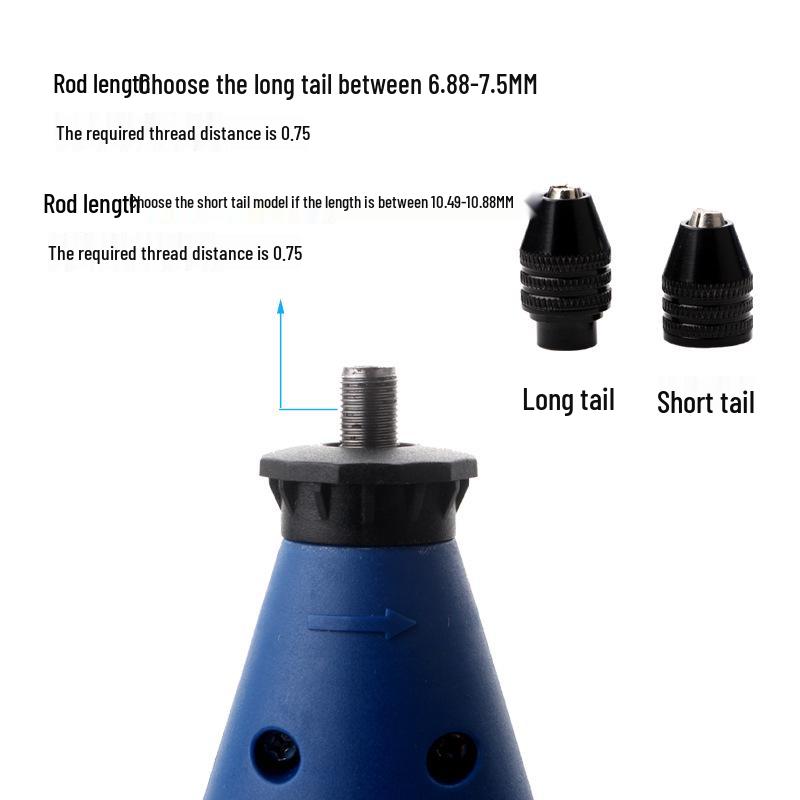 Mini Drill Chuck with Three-Jaw Nut, Flexible Shaft, and Long/Short Tail Accessories