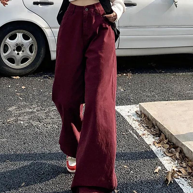 Autumn Angora Red High Waist Trousers American Female Clothing Wide Leg Denim Pants Loose Casual Vintage Solid Color Basic Jeans