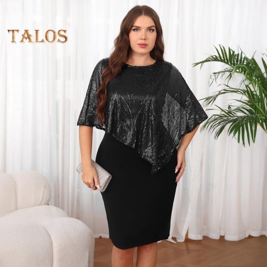 Women's Sleeveless Cape Dress with Sequin Overlay Oversized Sequin Bodycon Pencil Dress Ladies Evening Midi Dress